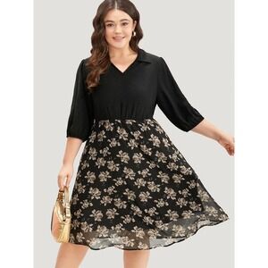 Plus Size 14 16 1X by BloomChic Floral Print with Patchwork Shirt Collar Dress